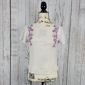 Cloudchaser 100% Rayon Small White Floral Embroidered Boho Short Sleeve Blouse